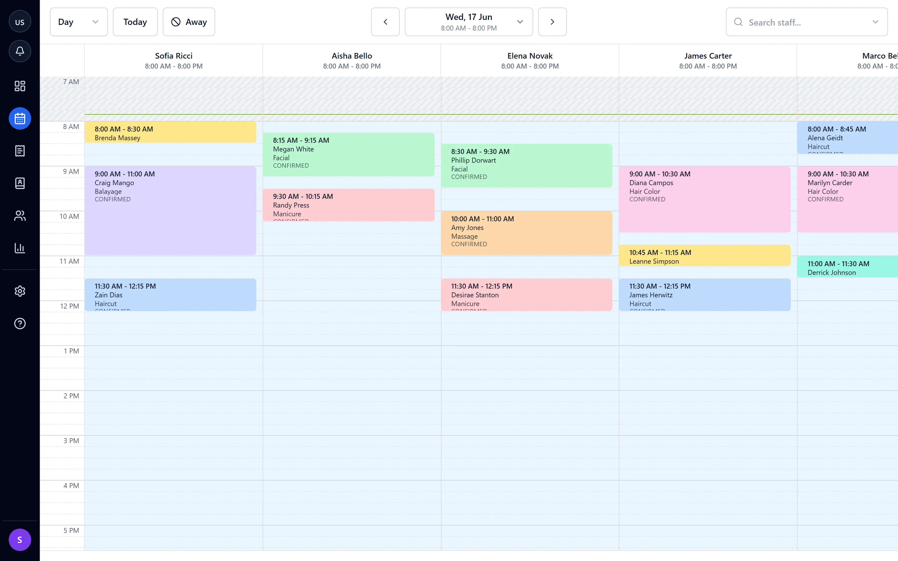 Calendy calendar on a laptop showing a full day of appointments across the team