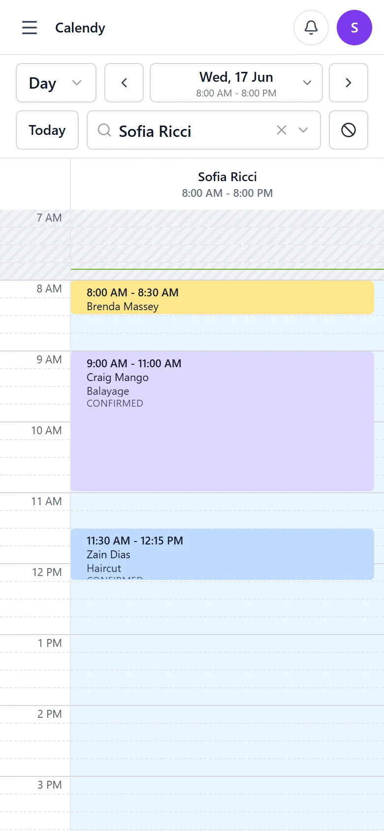 Calendy calendar on a phone showing one team member's day